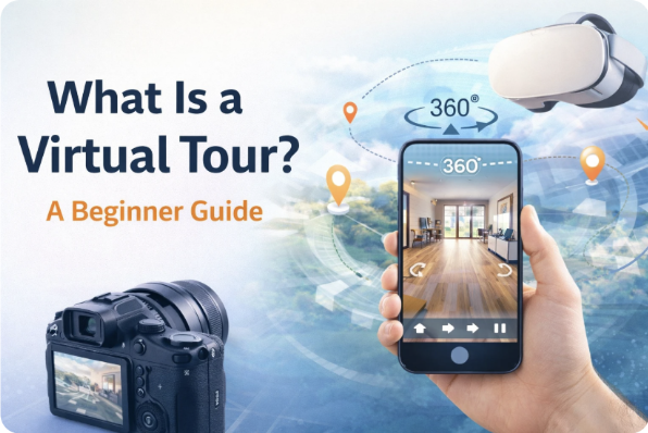 Beginner guide graphic showing a camera, headset, and mobile virtual tour interface