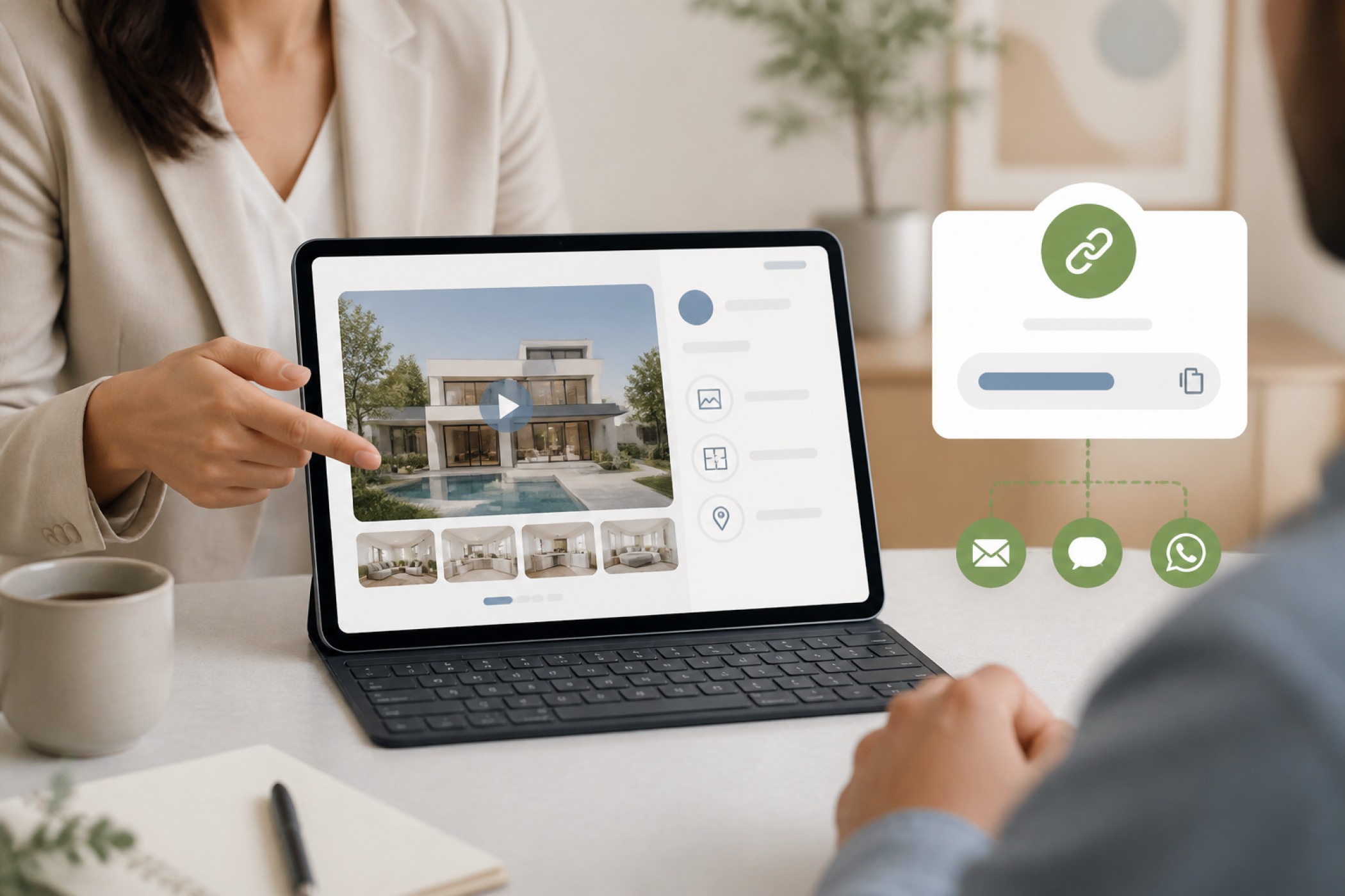 Real estate client presentation with a property tour preview and sharing icons
