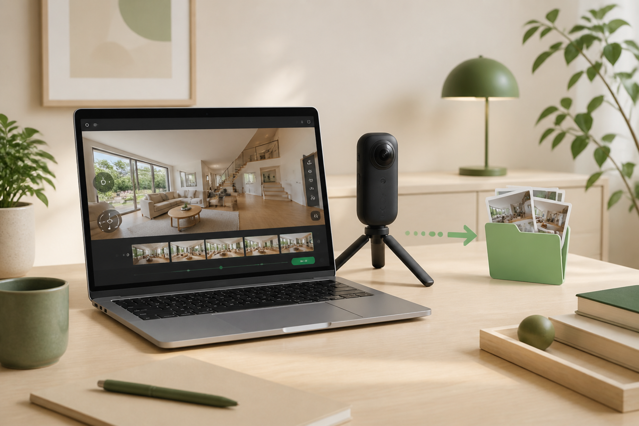 Virtual tour creator workspace with a laptop, 360 camera, and exported tour folder