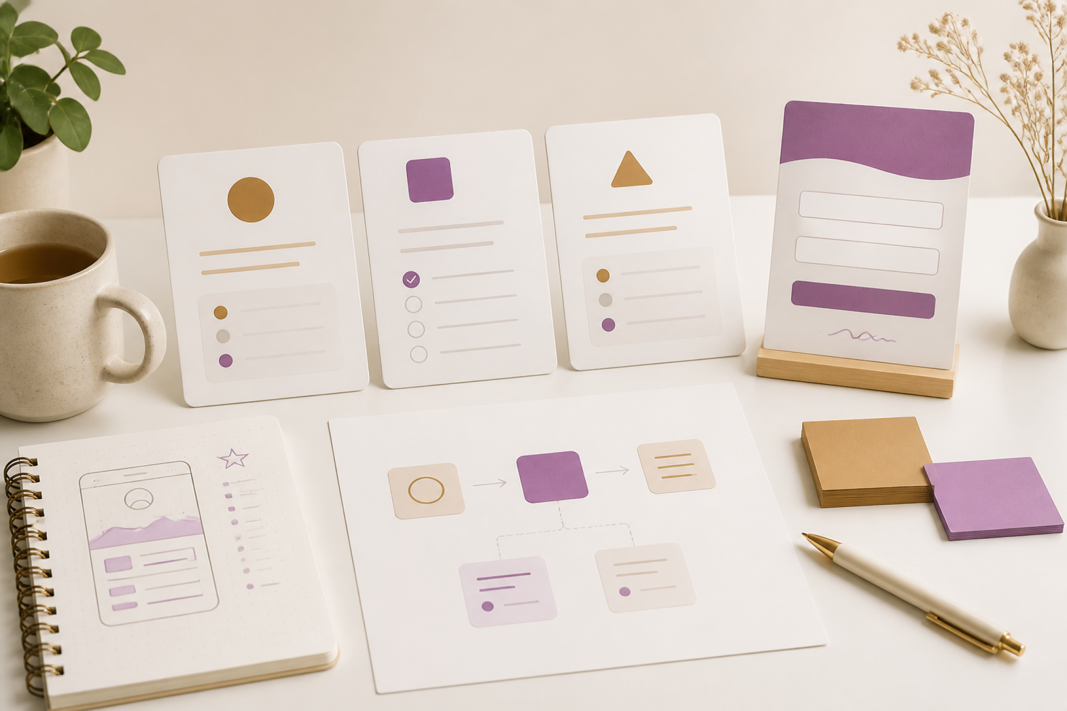 Product planning cards and waitlist form concept on a warm desk