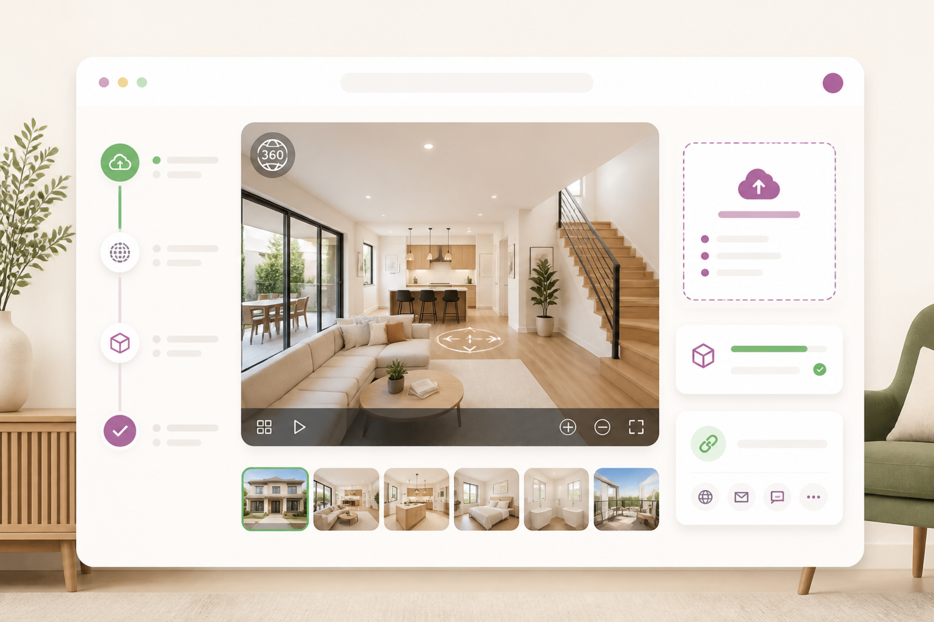 Virtual tour hosting workflow preview with upload, 360 tour, and sharing panels